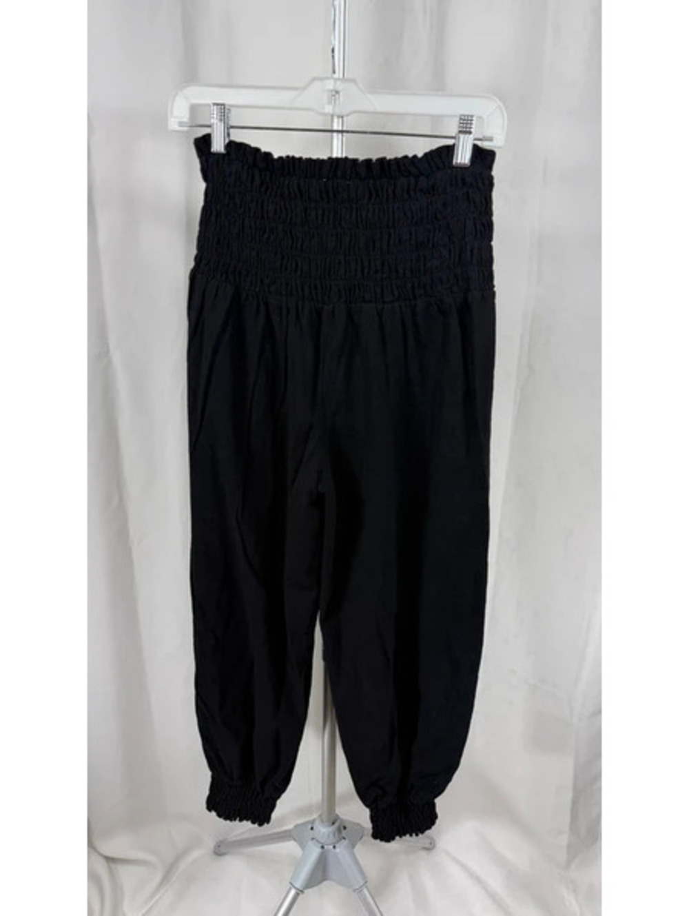 Black Smocked Waist Jogger Pants 100 Cotton Cuffed Ankle Boho Harem Style L - Picture 1 of 7